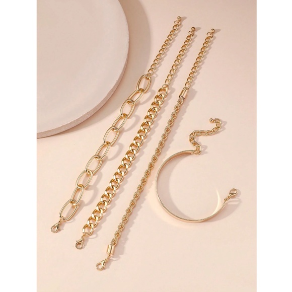 Set of 4 Fashion Bracelets Bohemian Style Link Chain Cuff Gold tone Metal Iron - Picture 3 of 5